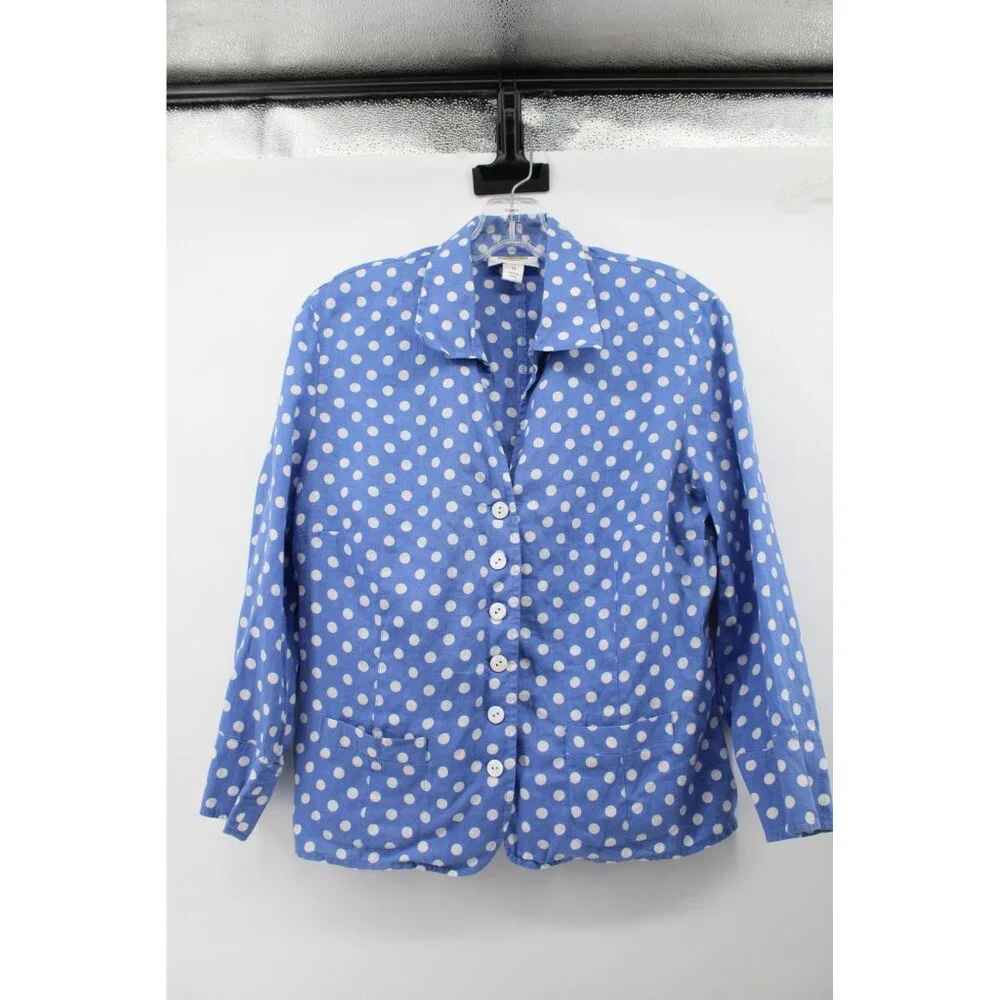 Talbots Linen Blouse Blue Polka Dot Size 10 94023 3/4 Sleeve - Picture 2 of 4